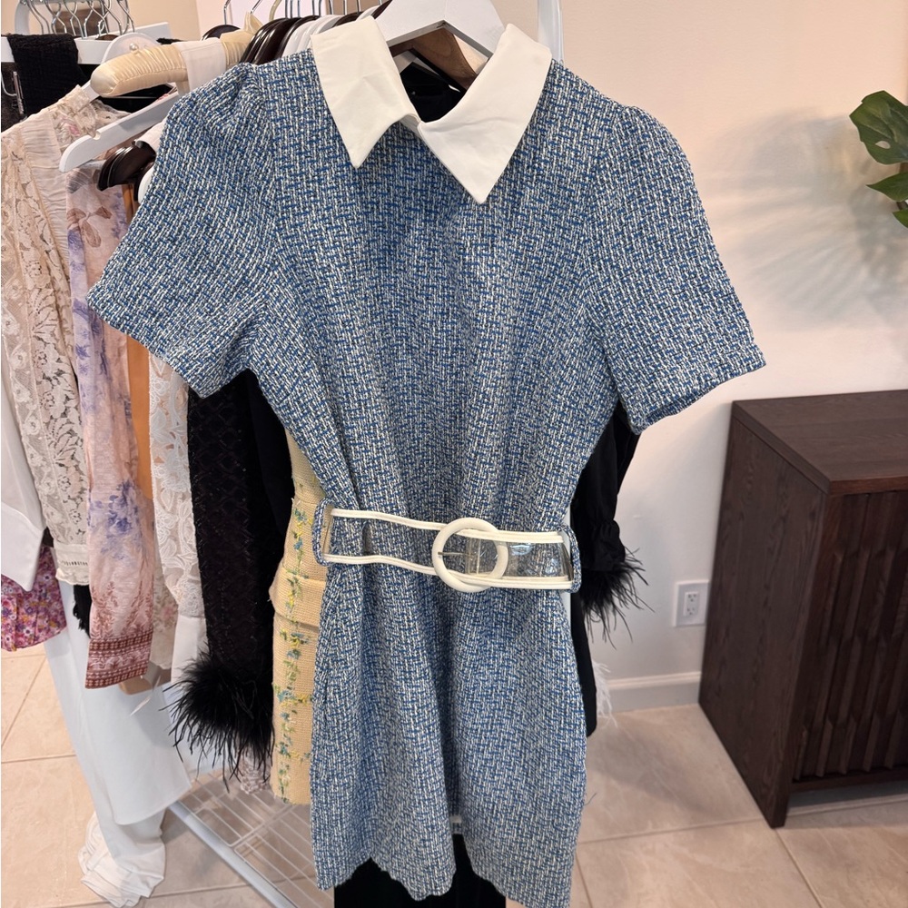 the clothing company Blue Tweed Mini Dress with White Collar and Belt